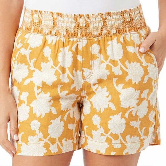 BRIGGS Ladies Linen Blend Shorts Womens Size L Orange Cream Floral Flowers NWT - Picture 1 of 12